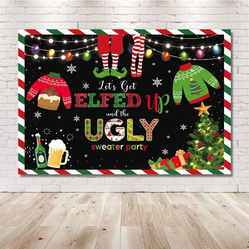 Miniatura 6 de MEHOFOND Telón de fondo de Feliz Navidad de 7 x 5 pies con texto en inglés "Let's Get Elfed up and The Ugly Sweater Party Fotografía", rojo y verde