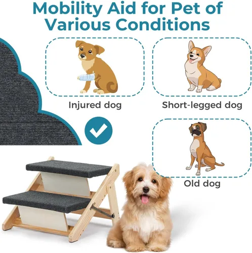 Miniatura 9 de MEWANG Wood Pet Stairs/Pet Steps - Escalera y rampa plegable de 2 niveles para perros, perfecta para camas y coches - Escalera portátil