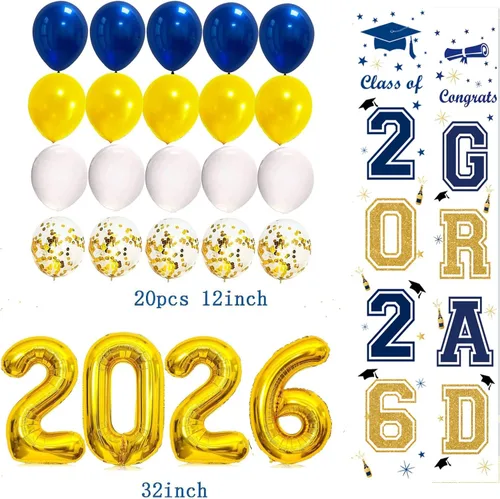 Miniatura 5 de Decoraciones de fiesta de graduación, azul marino, amarillo, decoraciones de graduación 2026, pancartas de clase de 2026, letrero de patio con texto