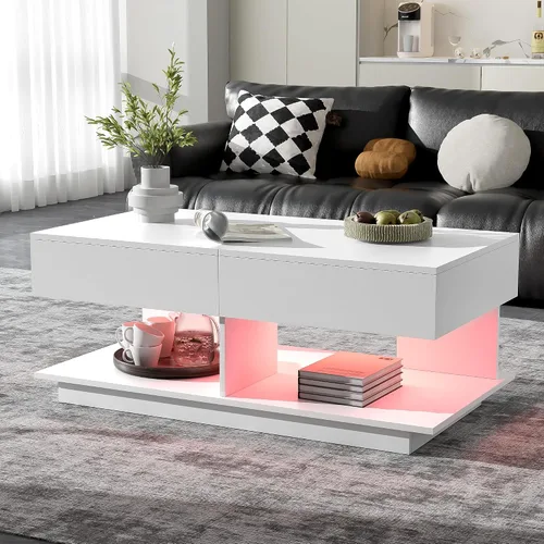Miniatura 10 de Merax Mesa auxiliar, mesa auxiliar extensible con 2 espacios de almacenamiento ocultos y 2 cajones, mesa central multifuncional con acabado