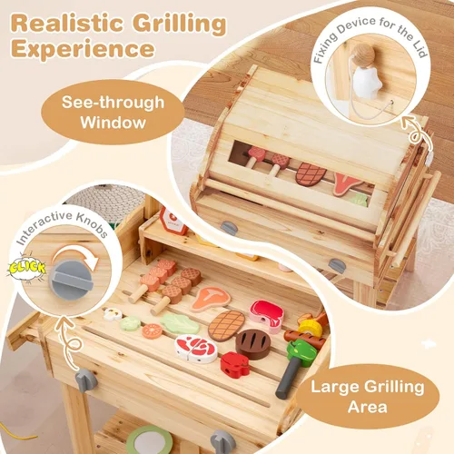 Miniatura 2 de Costzon Juego de parrilla para niños con ruedas, juego de parrilla de madera para niños con comida de juego, herramientas de parrilla y accesorios