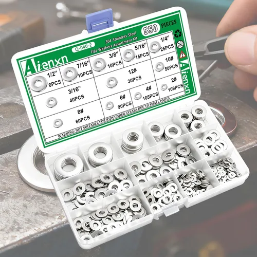 Miniatura 6 de Kit de surtido de 550 piezas de arandelas planas, 12 tamaños SAE - 1/2, 7/16, 3/8, 5/16, 1/4, 3/16, 12#, 10#, 8#, 6#, 4#, 2#, (18-8) arandelas
