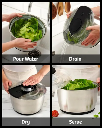 Miniatura 6 de Molinillo de ensalada de acero inoxidable grande, herramienta de cocina fácil y compacta, cuenco de acero inoxidable, drenaje y colador, hilador