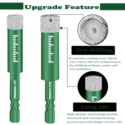 Miniatura 5 de Juego de 6 brocas de diamante seco de 1/2", 6 brocas de núcleo con vástago hexagonal de 12mm soldadas con cera de enfriamiento para azulejos