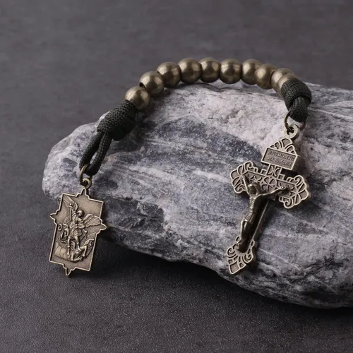 Miniatura 18 de Rosario de bolsillo estilo abierto una década de acero inoxidable rosario católico con crucifijo medalla de San Benito con bolsa de regalo