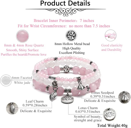 Miniatura 5 de Jovivi - 3 pulseras de cuentas de cristal de cuarzo rosa amatista para chakras, energía natural de curación, cuentas de loto, piedra reiki