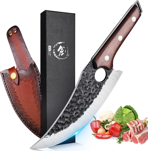 Miniatura 8 de TOMBRO Cuchillo de carnicero de 9 pulgadas, cortador de huesos resistente, forjado con funda para cortar carne, chef chino de acero al carbono ultra