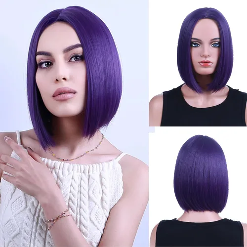Miniatura 11 de PATTNIUM Peluca negra estilo Bob para mujer, pelucas cortas negras, rectas, parte media, peluca de cabello negro, aspecto natural, pelucas