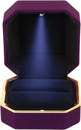 Miniatura 3 de Caja de anillo de compromiso de propuesta de terciopelo de forma cuadrada Caja de regalo de moneda de joyería de luz LED (morado)