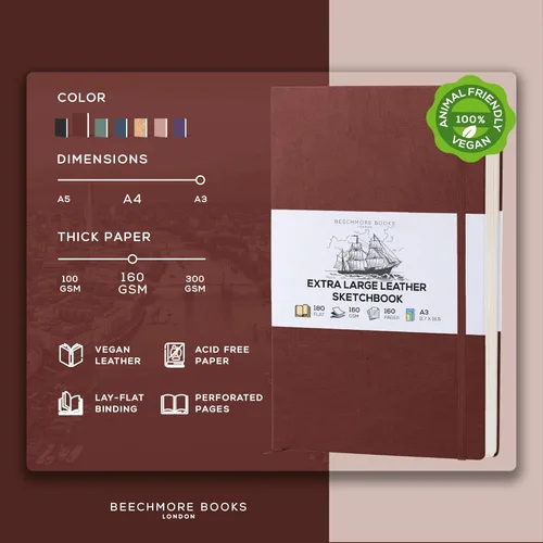Miniatura 2 de Beechmore Books Cuaderno de bocetos A3 – 11.7x16.5 pulgadas encuadernado en cuero vegano premium, libro de bocetos grande de tapa dura con 160