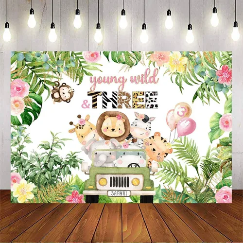 Miniatura 8 de Avezano Fondo de 3 cumpleaños de animales salvajes y tres jóvenes salvajes y tres decoraciones para fiestas de cumpleaños (verde, 7 x 5 pies)