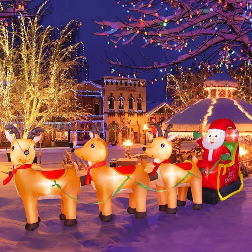 Decoraciones inflables navideñas de 12 pies al aire libre, Papá Noel inflable en trineo de reno con luces LED incorporadas, decoraciones inflables