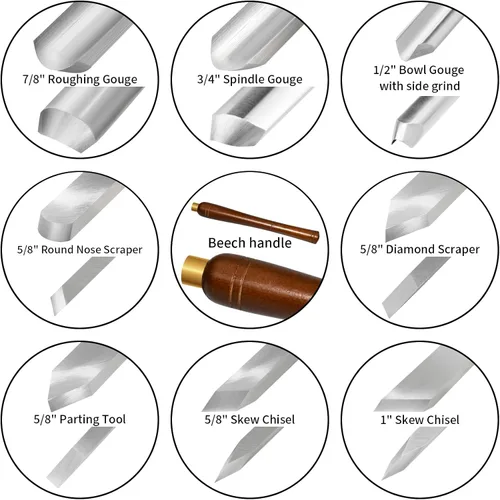 Miniatura 3 de Juego de 8 piezas de herramientas de torneado de madera HSS con mango de haya Wood Turning Tools Include Roughing Gouge, Spindle Gouge,Diamond