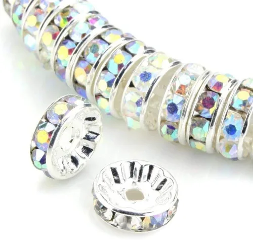 Miniatura 8 de Allb - 100 cuentas separadoras estilo Rondelle de 6mm, chapadas en plata, con cristal checo de rinestone para hacer joyas; cuentas sueltas para Negro