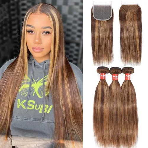 Miniatura 9 de Extensiones de cabello humano marrón con reflejos de Haha con cierre, extensiones lisas con cierre ombre, extensiones de cabello humano con cierre