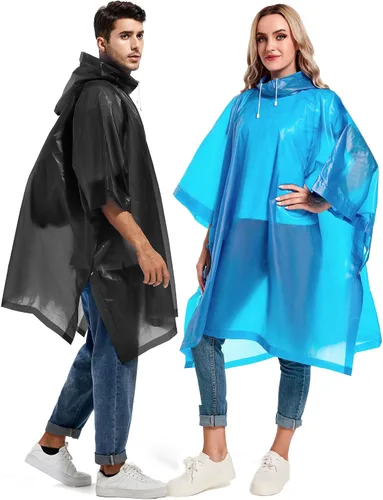 Miniatura 32 de Paquete de 2 ponchos de lluvia para adultos, reutilizables, impermeables, de supervivencia, emergencia, resistente, con capucha con cordón
