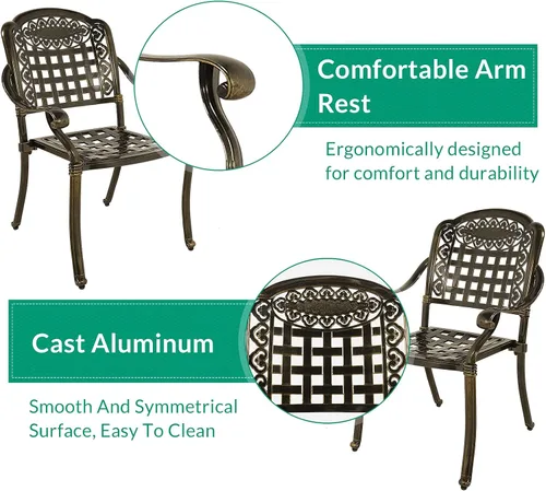 Miniatura 4 de VIVIJASON 2 sillas de aluminio fundido para exteriores, reposabrazos de patio, sillas de comedor para jardín, piscina, patio trasero, bronce antiguo