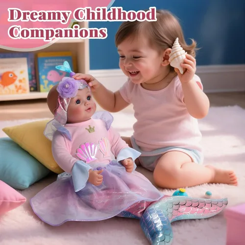 Miniatura 4 de BABESIDE Muñeca bebé de sirena para niña, muñecas de bebé suaves realistas de 15 pulgadas con cola de sirena brillante y accesorios, lindos juguetes