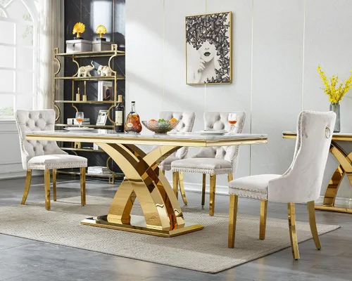 Miniatura 2 de Moderno juego de mesa de comedor de mármol para 4, juego de mesa de comedor de lujo para 4, mesa de comedor de mármol sintético de 68 pulgadas