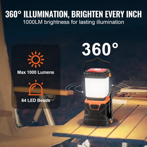 Miniatura 3 de VEVOR - Linterna de camping LED, todo en uno, 1000 lúmenes, iluminación de 360°, 4 modos de iluminación, luz alimentada por batería, linterna