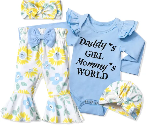 ADIFUN Ropa de bebé niña, 4 piezas, trajes de niña recién nacida, con volantes, mameluco de campana para bebé, diadema, bandana, conjuntos de ropa,