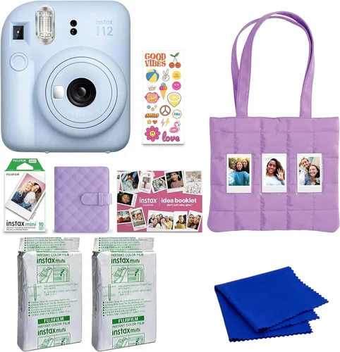 FUJIFILM Instax Mini - Paquete de 12 cámaras de película instantánea (azul pastel) con 2 películas instantáneas Instax Mini, paquete de papel de