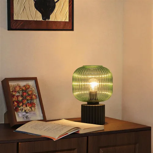 Miniatura 4 de EDISLIVE Lámpara de mesa pequeña de cristal verde de 7.87 pulgadas, moderna lámpara de noche con linterna vintage con pantalla de vidrio E26