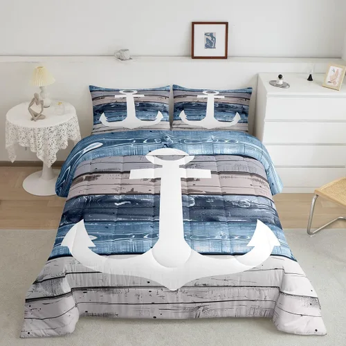 Miniatura 15 de Juego de edredón de brújula azul marino, tamaño individual, 2 piezas, diseño náutico de vela, estilo simple, para niños, adolescentes, adultos
