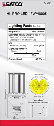Miniatura 8 de Satco S49673 - Bombilla LED HID de mazorca de maíz, base extendida Mogul, 45 W, clasificación de 35000 horas, 6165 L, blanco frío