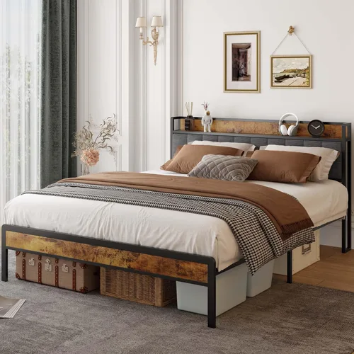Miniatura 4 de Gizoon Base de cama Queen con cabecera y estribo para dormitorio, cama de plataforma de metal con almacenamiento debajo de la cama, soporte de metal