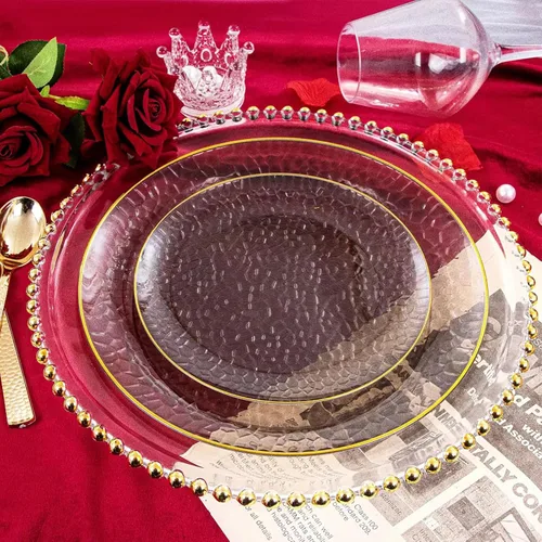 Miniatura 5 de Hioasis 60 piezas de platos de plástico negro - Juego de vajilla desechable con borde dorado, martillado, resistente, adecuado para 30 invitados