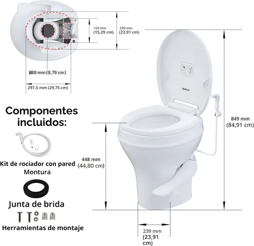 Miniatura 13 de SEAFLO Inodoro de altura residencial para cámper o caravana con accesorio rociador, altura estándar de 18.5 pulgadas, sistema de descarga por