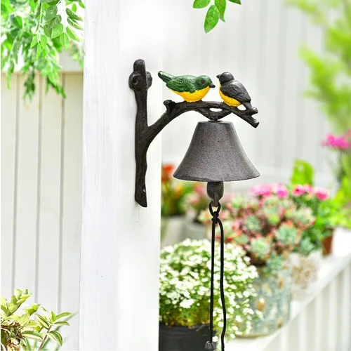 Miniatura 2 de Sungmor Campana de cena de hierro fundido, campana de puerta exterior de granja, campana colgante de pared, antiguo color encantador pájaros