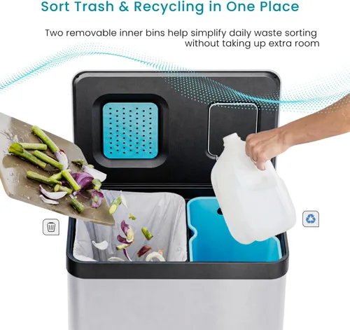 Miniatura 3 de Home Zone Living - Bote de basura de cocina de 19 galones con compartimentos duales para reciclaje, control de olor CleanAura, acero inoxidable
