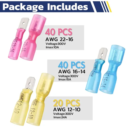Miniatura 6 de haisstronica 100 conectores de pala termorretráctiles, AWG 22-10, conectores de cable de desconexión rápida, terminales de pala hembra y macho