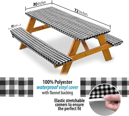 Miniatura 3 de bealy Funda para mesa de picnic con fundas para banco, juego de 3 piezas de mantel de vinilo impermeable a cuadros de 6 pies con borde elástico