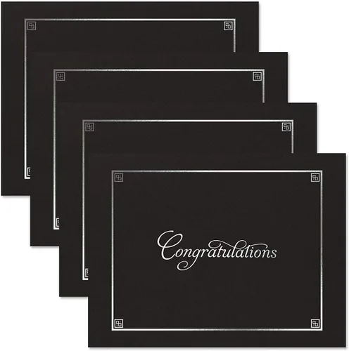 Miniatura 4 de Carpetas para certificados de felicitaciones en negro y plateado, paquete de 25, cubierta de lino de 80 libras, plegadas, esquinas troqueladas