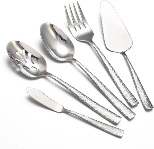Miniatura 8 de Juego grande de utensilios de servir para anfitriona, cucharas de servir martilladas de acero inoxidable resistentes, cucharas ranuradas, tenedor