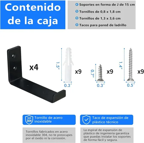 Miniatura 3 de HEART ART Soporte de estante negro de 6 pulgadas, paquete de 4 soportes de estante de metal J resistentes, 6.3" L×4.8" H×1.2" W