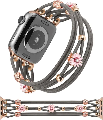 TOYOUTHS - Pulsera floral compatible con Apple Watch de 1.65/1.61/1.57/1.49 pulgadas para mujer, correa de nylon elástica y trenzada con cuentas