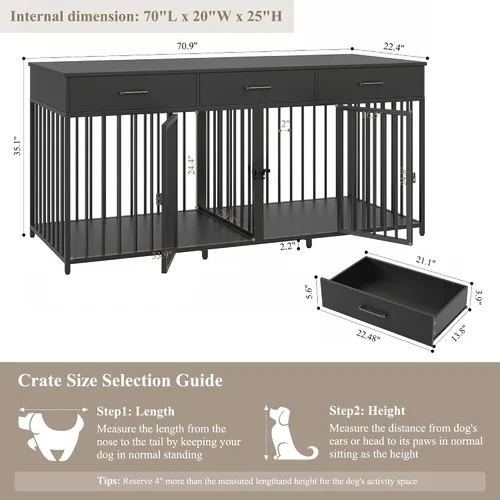 Miniatura 4 de HOSTACK Mueble doble para perros, perrera de 71 pulgadas de ancho para interiores con 3 cajones, jaula de granja para perros para 2 perros Negro