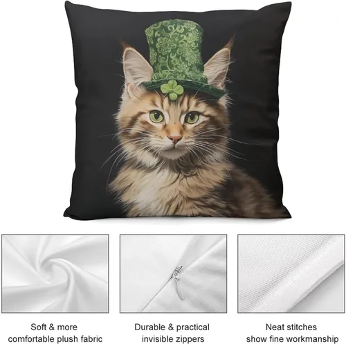 Miniatura 6 de Fundas de almohada de granja con diseño de feliz día de San Patricio con un gato en un sombrero de trébol, fundas de almohada de terciopelo