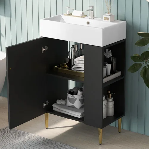 Miniatura 3 de P PURLOVE Tocador de baño pequeño con fregadero, armario de baño estrecho de madera con puerta de cierre suave y almacenamiento lateral derecho