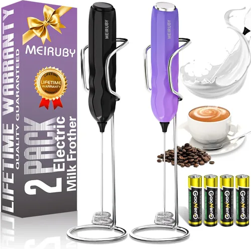 Miniatura 10 de MEIRUBY Paquete de 2 espumadores de leche manuales con soporte, regalos para el Día de San Valentín para él y para ella, potente espumador de café