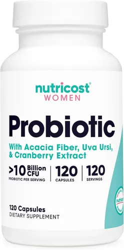 Nutricost Probiótico para mujeres 10 mil millones de UFC, 120 cápsulas – Complejo con fibra de acacia, Uva Ursi y extracto de arándano, sin OMG y