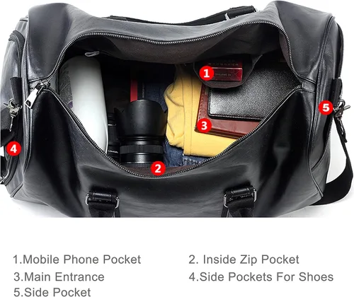 Miniatura 2 de Bolsa de viaje de cuero con bolsa para zapatos, bolsa impermeable para fin de semana, bolsa de lona de mano para hombres y mujeres, color negro