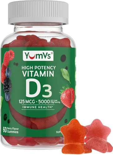YUM-V'S Gomitas de vitamina D3 de 5000 UI 125mcg D3 - Apoya el apoyo inmunológico, fuerte salud ósea, sin OMG, sin gluten, sin lácteos, gomitas de