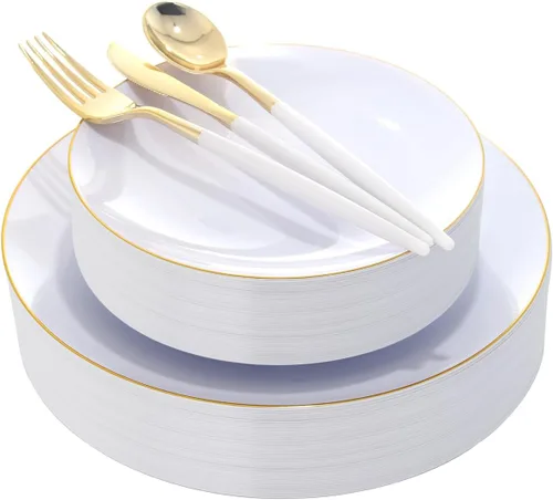 DaYammi Juego de 150 platos de plástico dorado con cubiertos desechables, juego de vajilla desechable de oro blanco, 30 platos llanos, 30 platos de