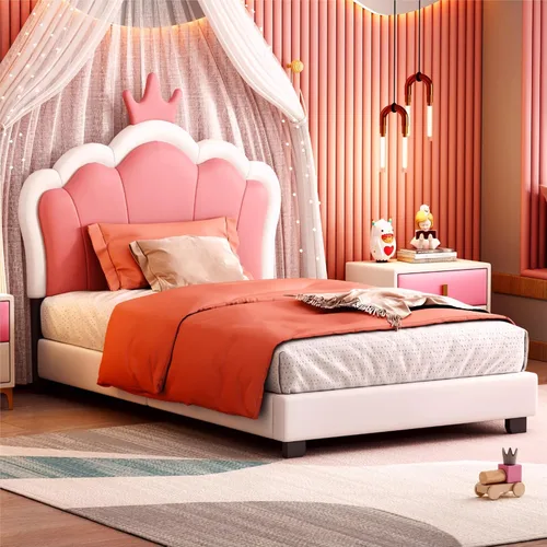 Miniatura 10 de Bonita cama de princesa tapizada de tamaño individual con cabecera corona, plataforma de piel sintética rosa para niños y niñas, no requiere somier