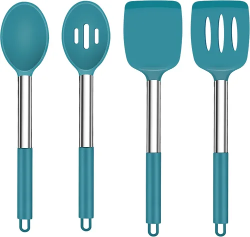 Miniatura 8 de TeamFar Juego de utensilios de cocina, 4 piezas de silicona utensilios de cocina juego de espátulas y cucharas con mango de acero inoxidable